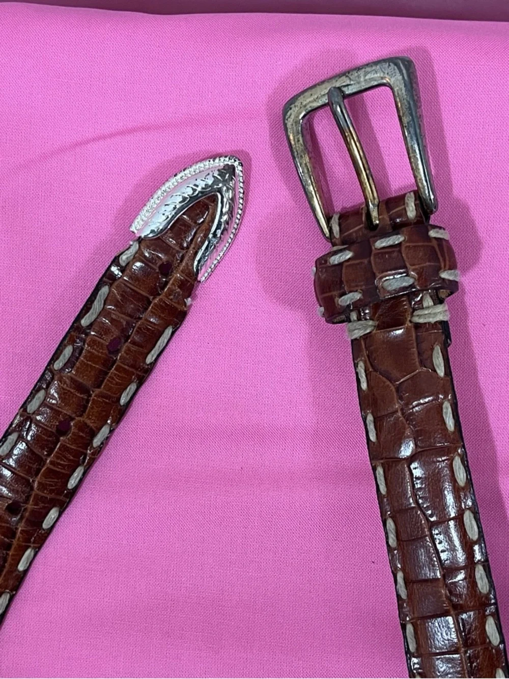 Kenneth Cole Croc Embossed Leather Belt 38 Brown Italian Calfskin Luxury Western